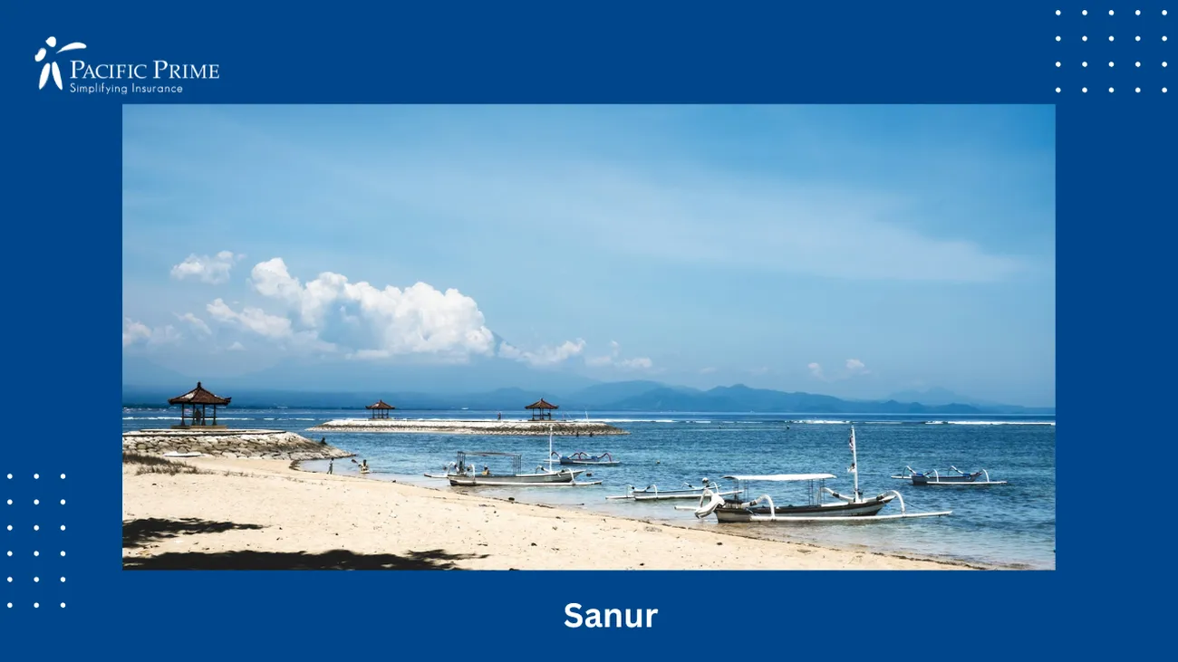 Image of People Enjoying A Sunny Day With Boats At Sanur Beach, Bali with text overlay of "Sanur"