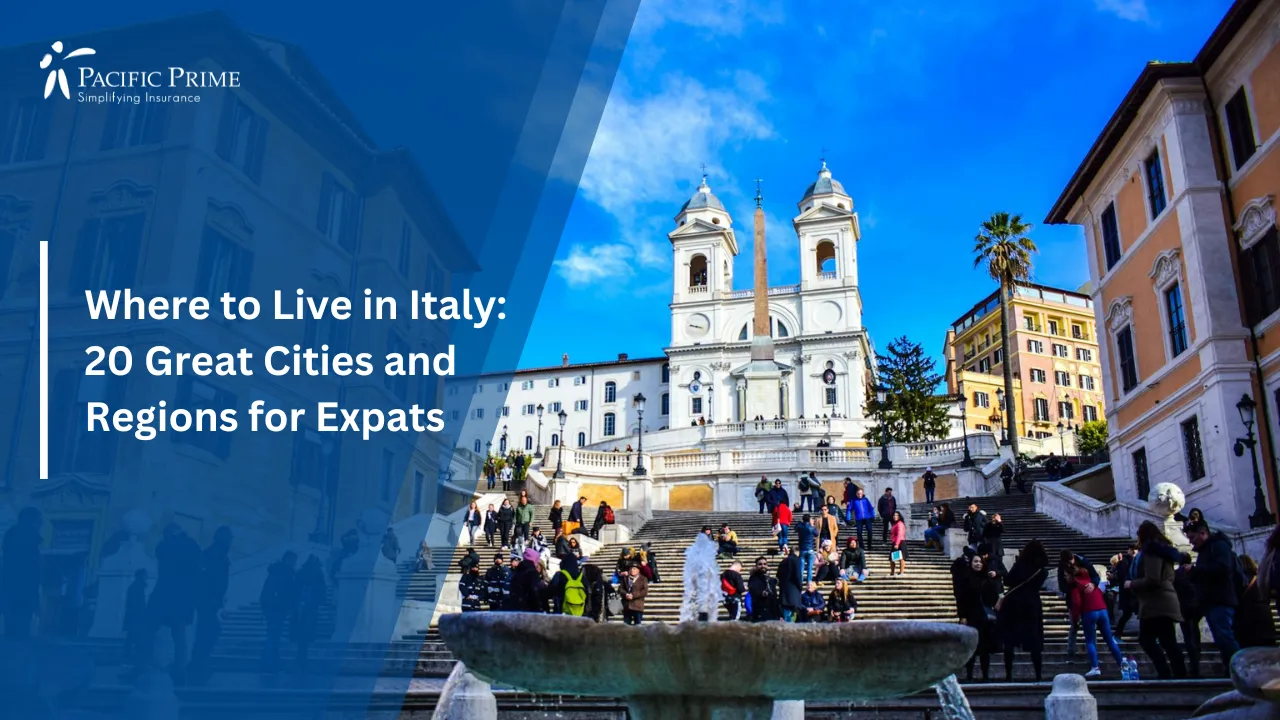 Image of People Gathered At The Spanish Steps On A Sunny Day In Rome, Italy with text overlay of "Where to Live in Italy: 20 Great Cities and Regions for Expats"