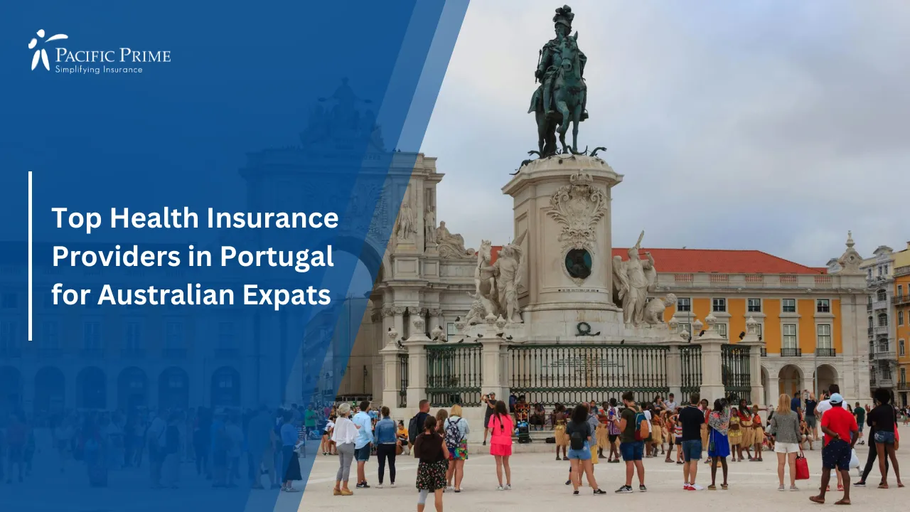 Image of People Gathered In Front Of A Historic Lisbon Building with text overlay of "Top Health Insurance Providers in Portugal for Australian Expats"