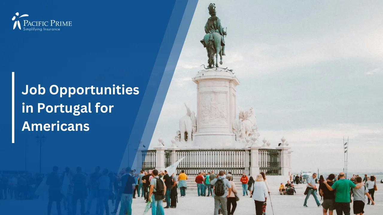 Image of People Gathered Near Historic Statue In Lisbon, Portugal with text overlay of "Job Opportunities in Portugal for Americans"