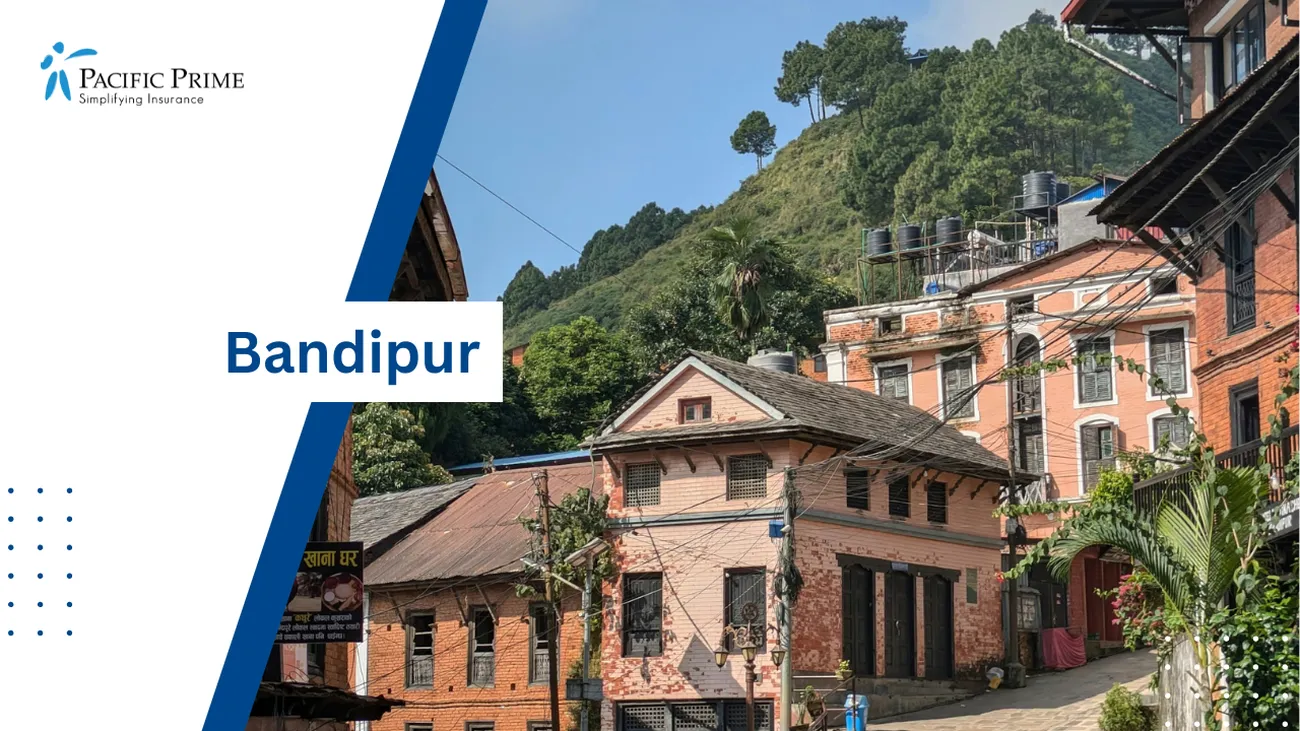 Image of People Gathered Outside A Traditional Building In Bandipur, Nepal with text overlay of "Bandipur"