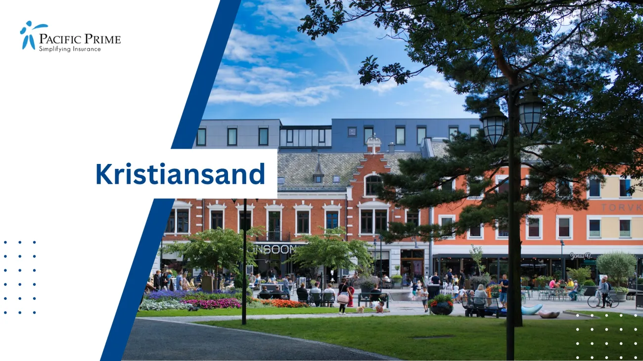 Image of People Gathering And Strolling At Kristiansand Town Square, Norway with text overlay of "Kristiansand"
