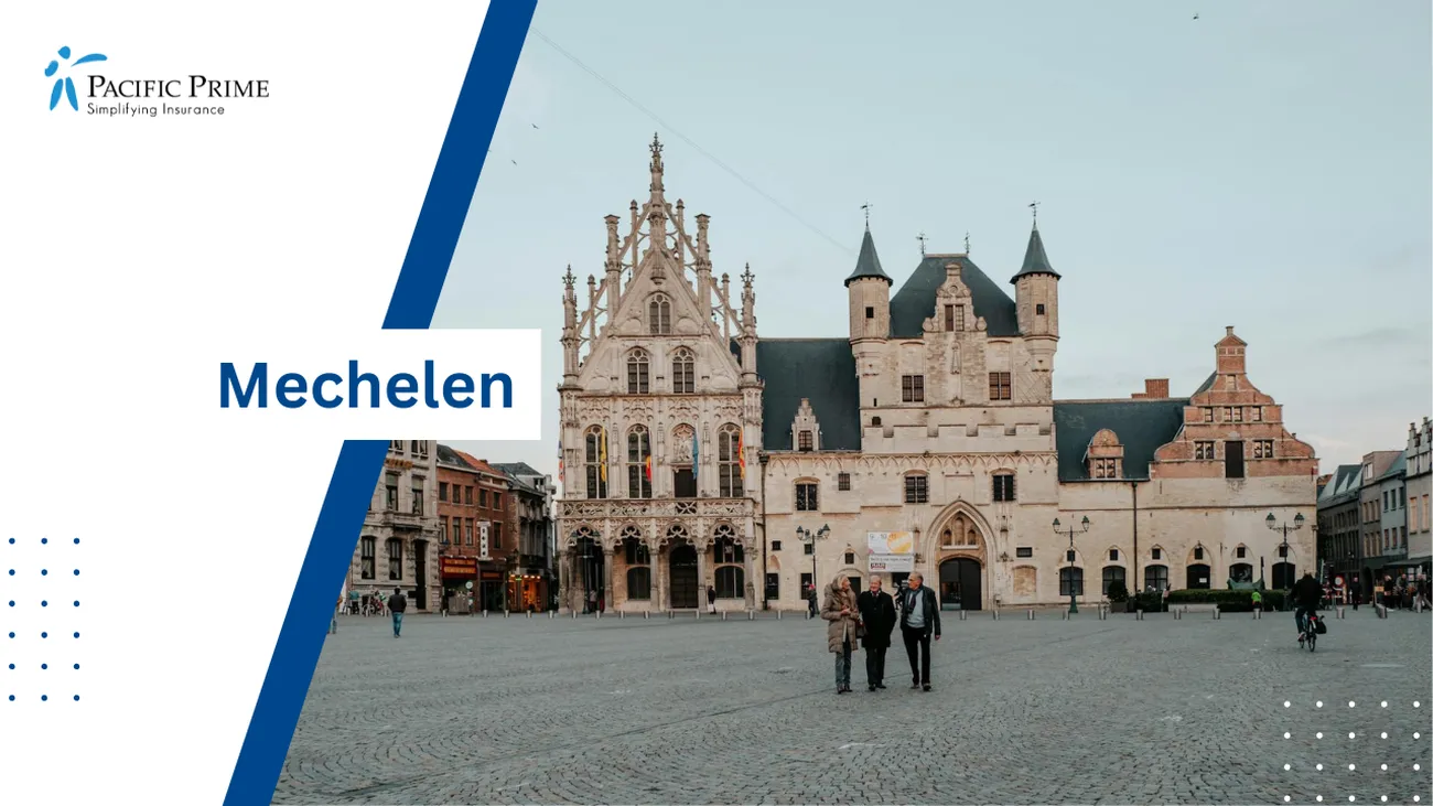 Image of People In Historic Town Square In Mechelen, Belgium with text overlay of "Mechelen"
