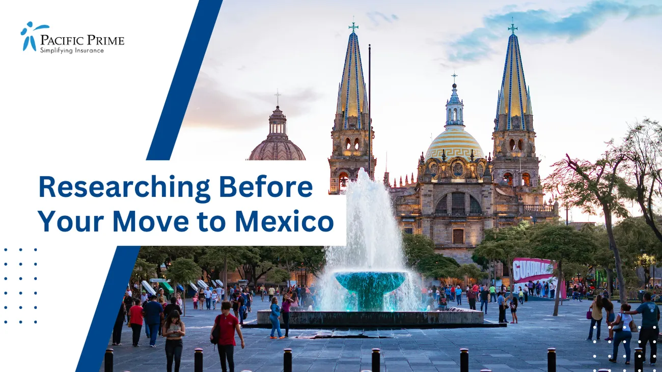 Image of People Near Water Fountain In Plaza De La Liberación, Guadalajara, Mexico with text overlay of "Researching Before Your Move to Mexico"