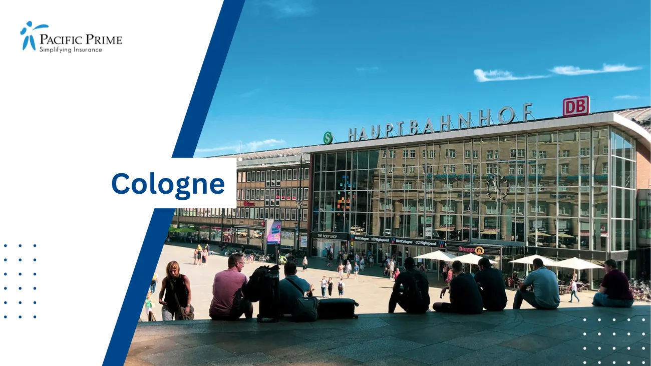 Image of People On Bench Near Cologne Hauptbahnhof In Germany with text overlay of "Cologne"