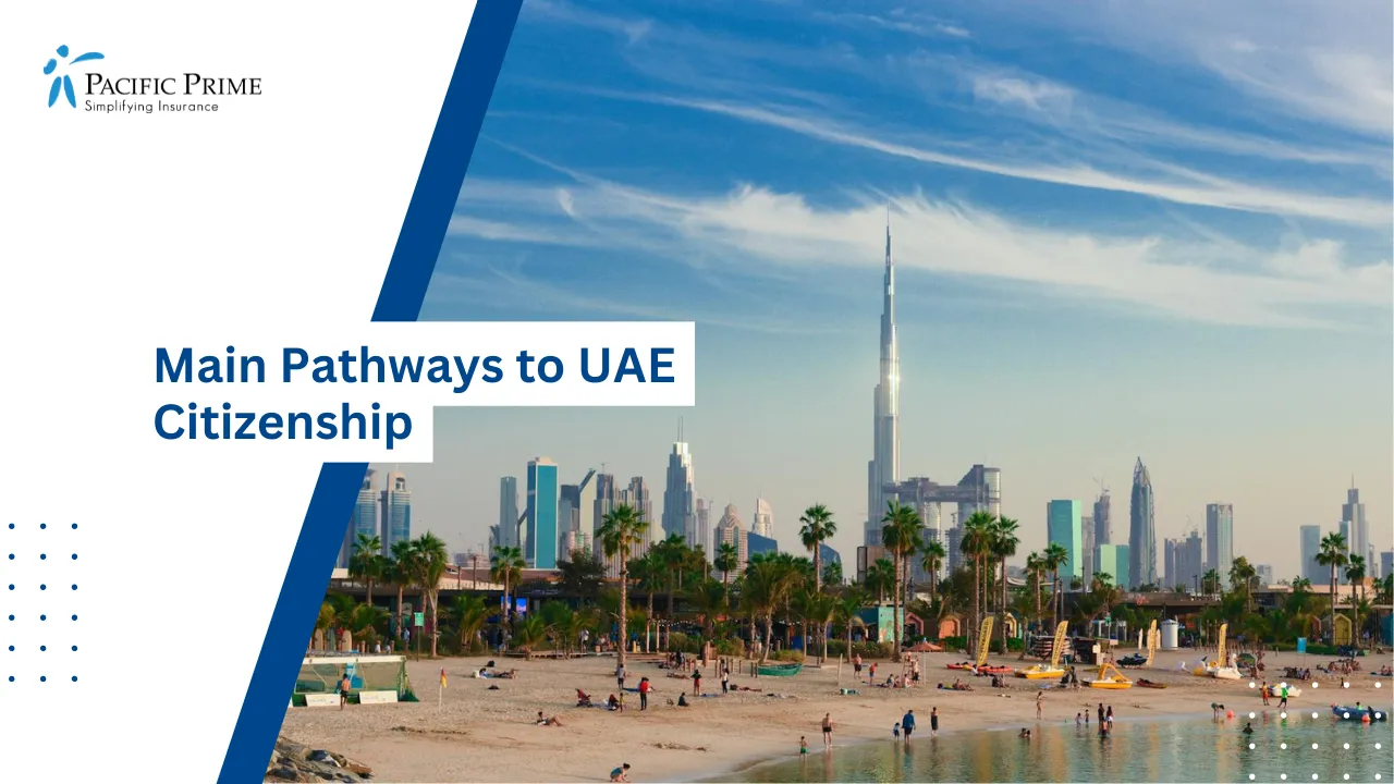 Image of People Relaxing On A Sandy Beach With Dubai City Skyline In The Background with text overlay of "Main Pathways to UAE Citizenship"
