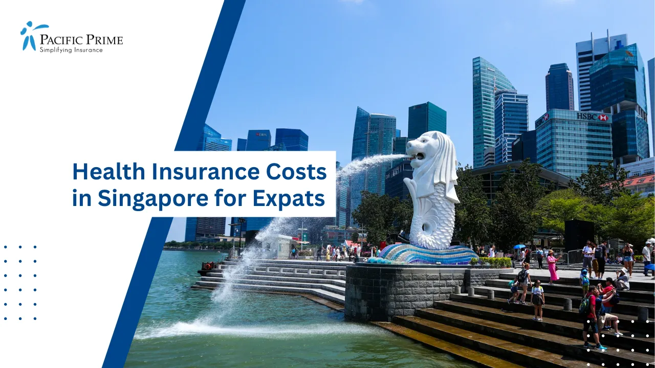 Image of People Relaxing On Benches Near A Fountain In Singapore During Daytime with text overlay of "Health Insurance Costs in Singapore for Expats"