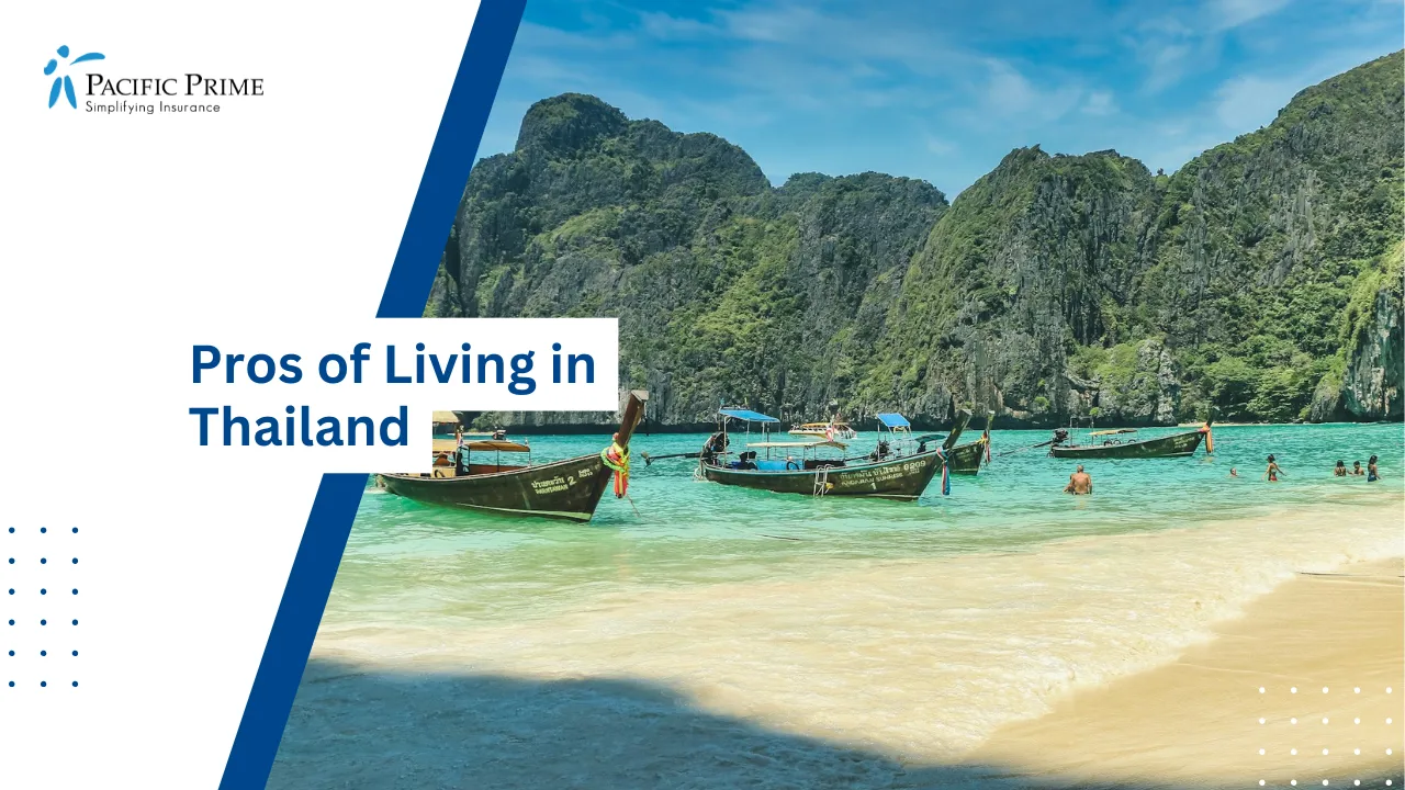 Image of People Riding A Boat Near The Shore At Phi Phi Islands, Krabi, Thailand with text overlay of "Pros of Living in Thailand"