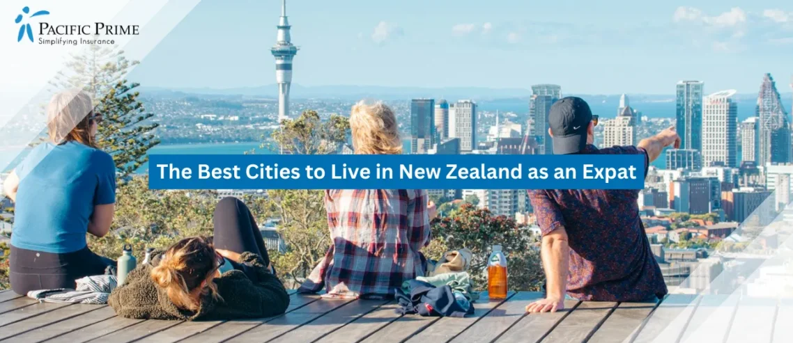 Image of People Seated On A Wooden Viewing Platform At Mount Eden In Auckland with text overlay of "The Best Cities to Live in New Zealand as an Expat"