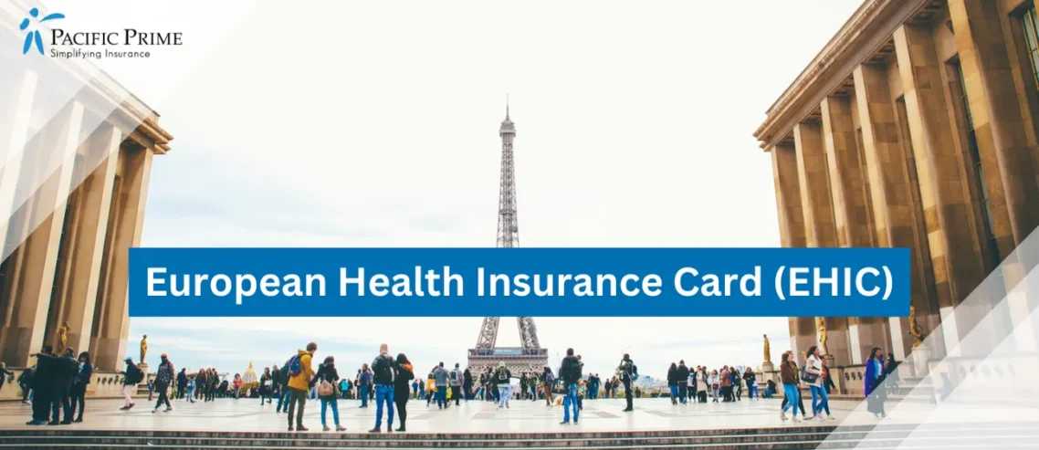Image of People Standing And Admiring The Eiffel Tower In Paris, France with text overlay of "European Health Insurance Card (EHIC)"