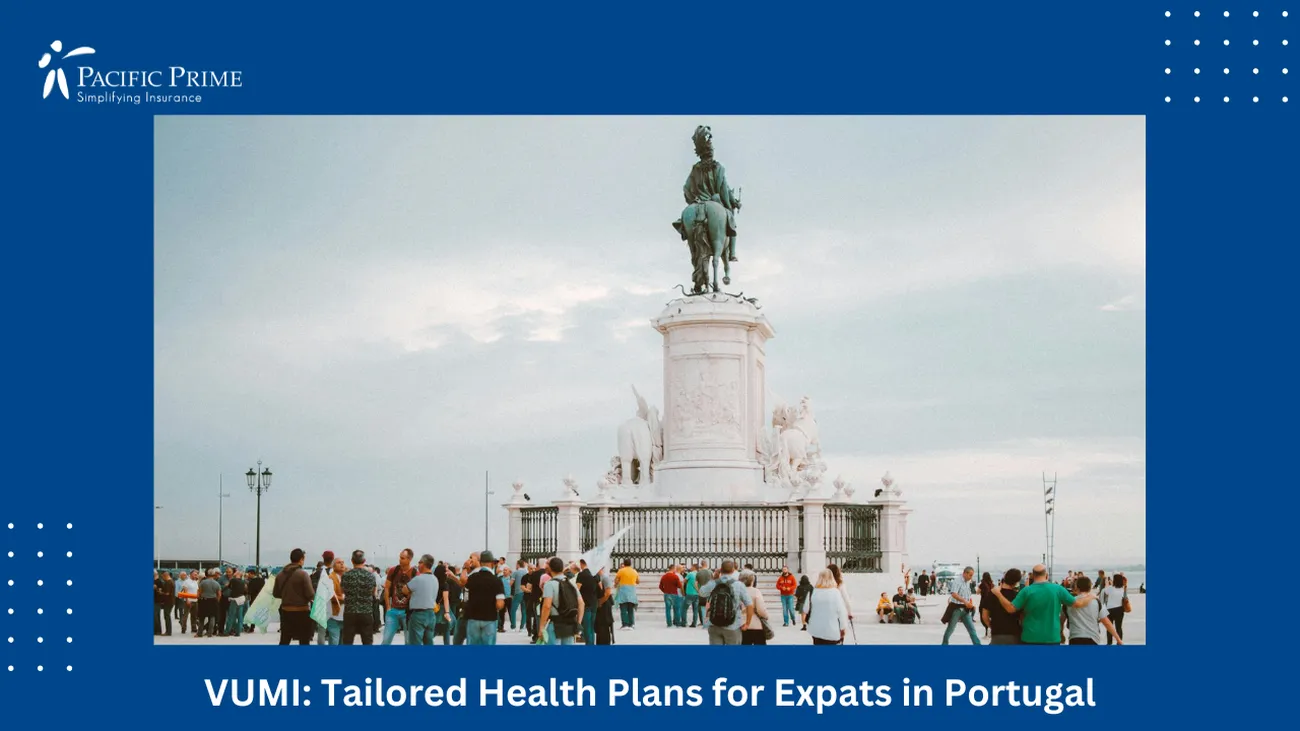 Image of People Standing By A Statue In Lisbon, Portugal with text overlay of "VUMI: Tailored Health Plans for Expats in Portugal"