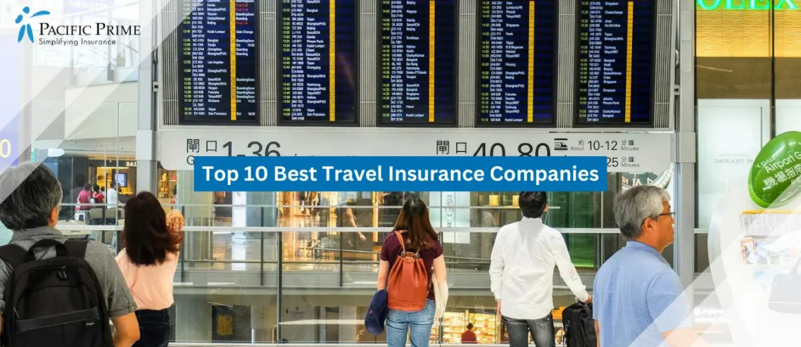 Image of People Standing Near An Airport Departure Board In Hong Kong Terminal with text overlay of "Top 10 Best Travel Insurance Companies"