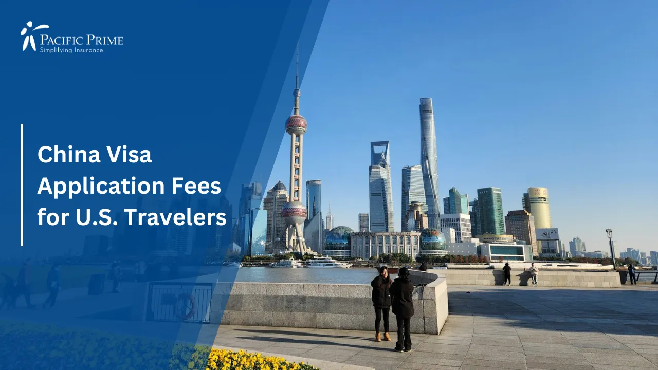 Image of People Standing On Grass With Shanghai Skyline In The Background with text overlay of "China Visa Application Fees for U.S. Travelers"