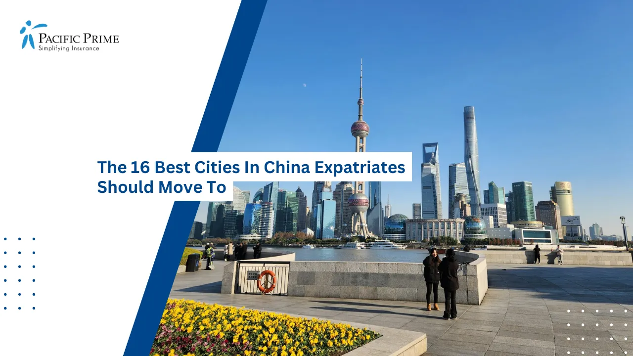 Image of People Standing On Green Lawn Along The Bund Waterfront In Shanghai with text overlay of "The 16 Best Cities In China Expatriates Should Move To"