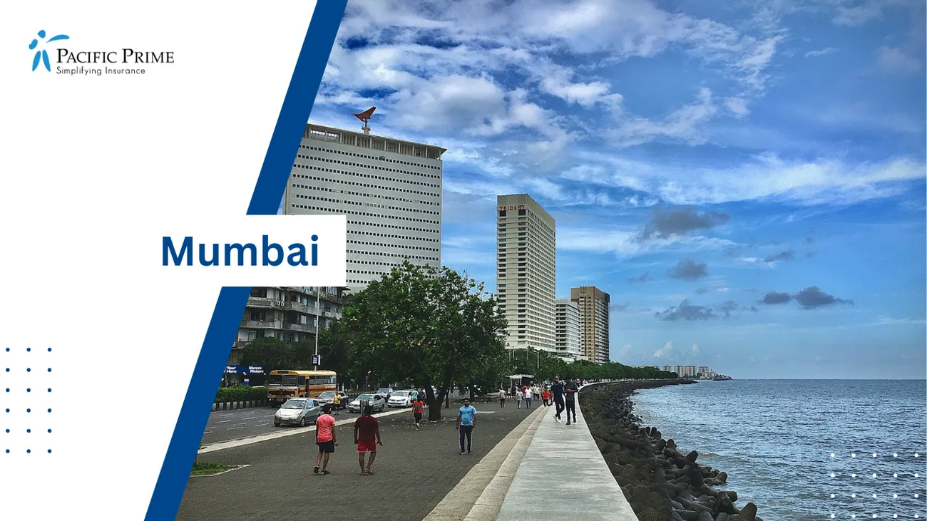 Image of People Strolling Along Marine Drive, Mumbai, On A Clear Morning with text overlay of "Mumbai"