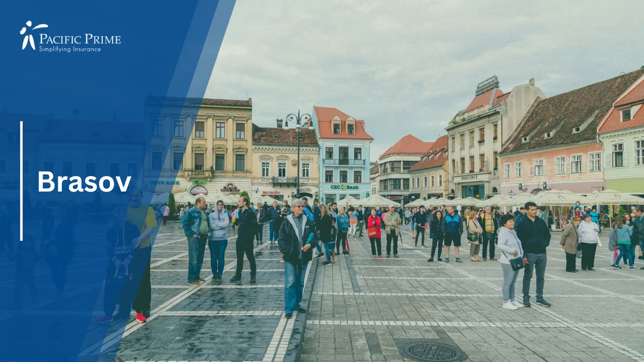 Image of People Strolling And Enjoying Opera At Brasov City Square, Romania with text overlay of "Brasov"