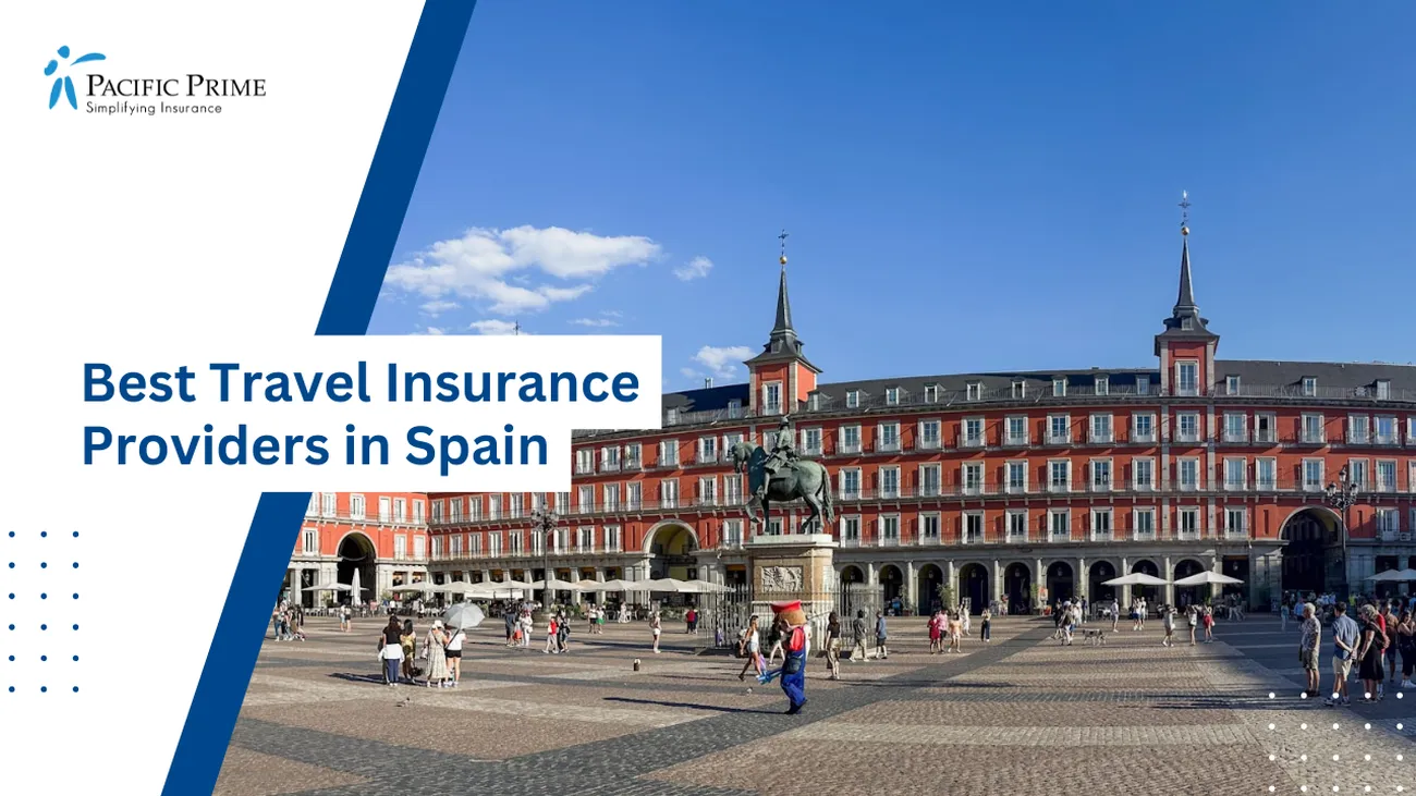 Image of People Strolling Around Plaza Mayor In Madrid, Spain with text overlay of "Best Travel Insurance Providers in Spain"
