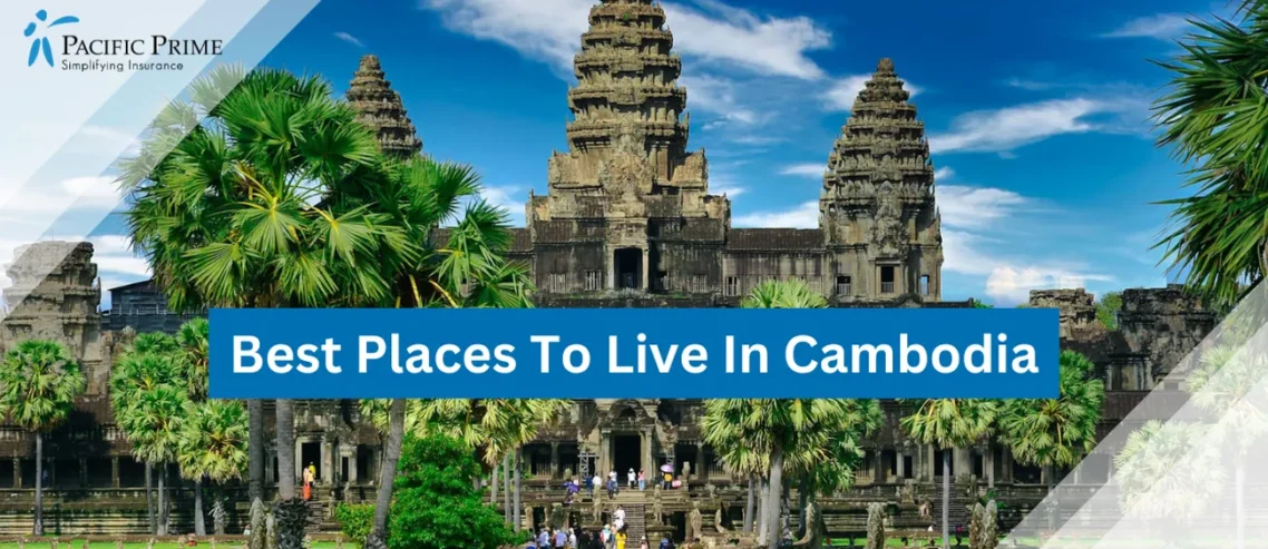 Image of People Strolling In A Park Near Trees And Buildings At Angkor Wat, Cambodia with text overlay of "Best Places To Live In Cambodia"