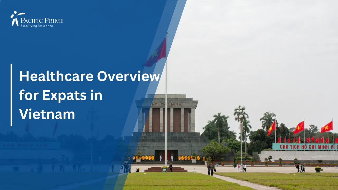 Image of People Strolling In A Park On A Sunny Day, Hanoi, Vietnam with text overlay of "Healthcare Overview for Expats in Vietnam"