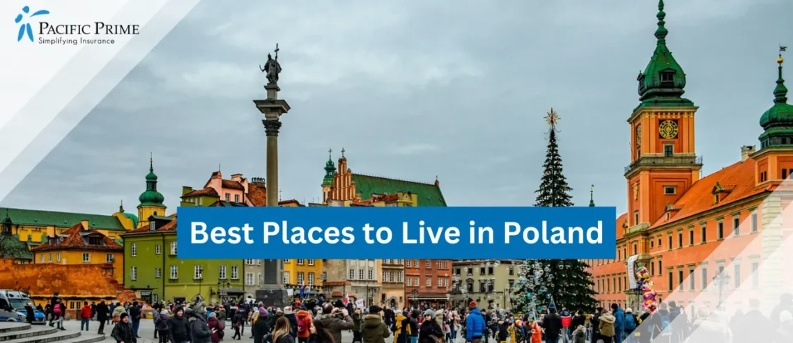 Image of People Strolling Near A Brown-green Concrete Building In Warsaw Daylight with text overlay of "Best Places to Live in Poland"