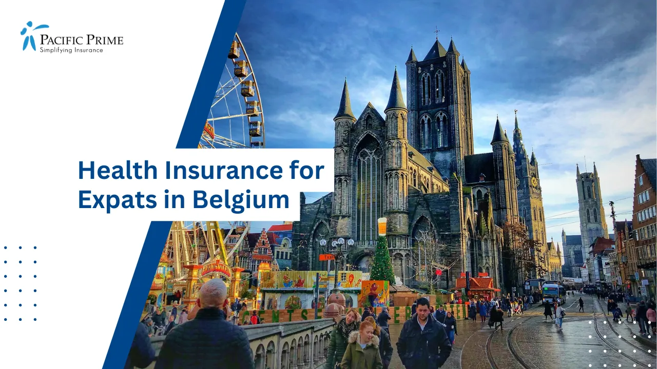 Image of People Strolling Near Ferris Wheel At Korenmarkt In Ghent, Belgium with text overlay of "Health Insurance for Expats in Belgium"