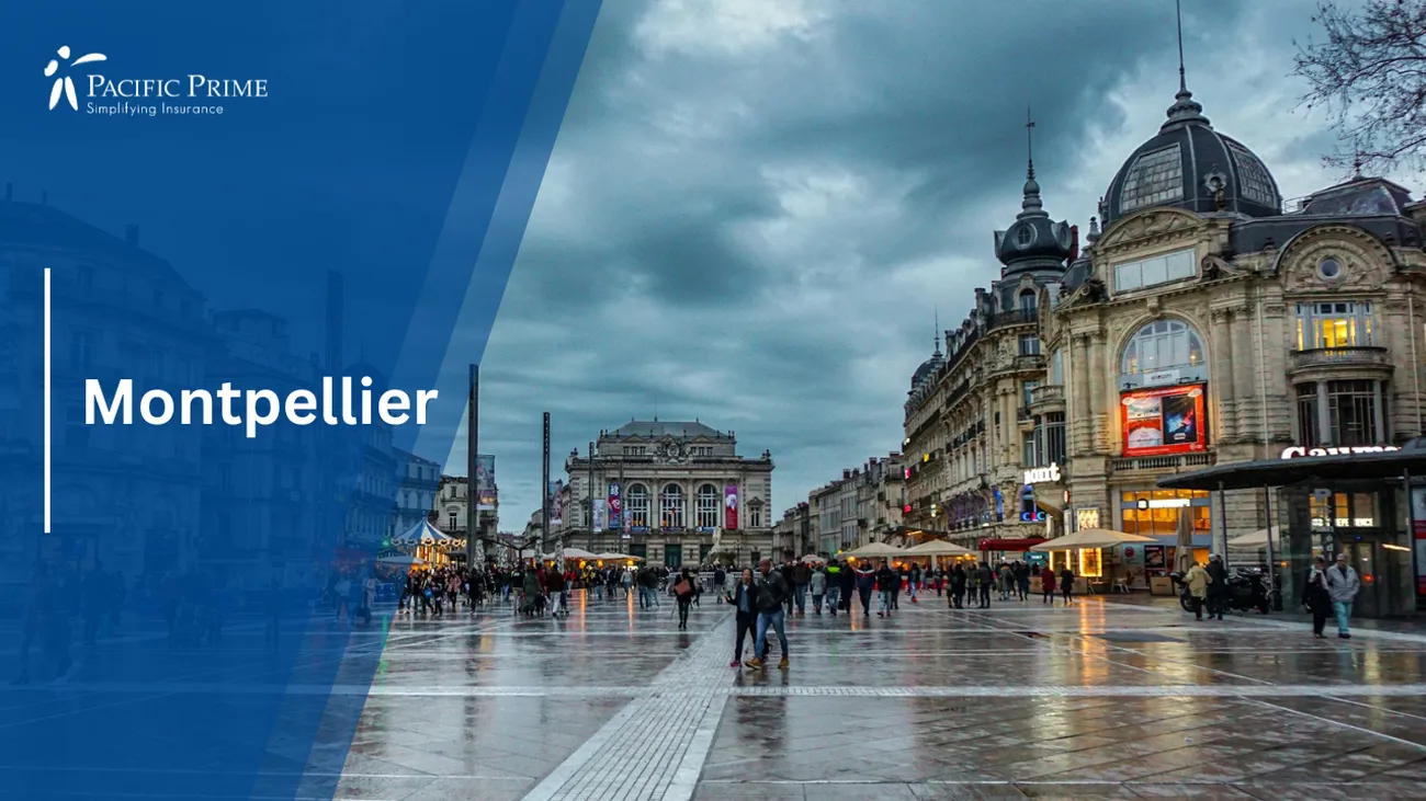 Image of People Strolling On A Montpellier Sidewalk Near A Building with text overlay of "Montpellier"