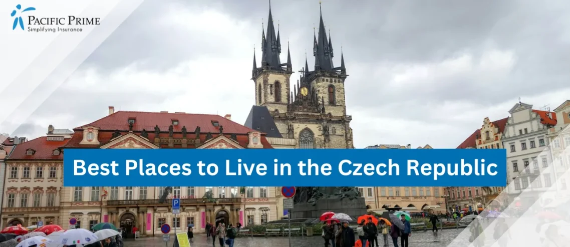 Image of People Strolling On Prague Streets Amid Historic Architecture In Daylight with text overlay of "Best Places to Live in the Czech Republic"