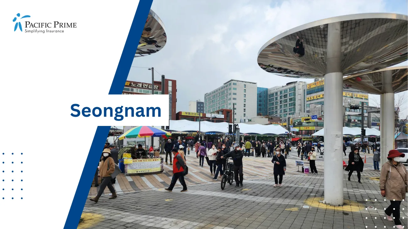 Image of People Strolling Through A Vibrant Moran Market Plaza In Seongnam, South Korea with text overlay of "Seongnam"