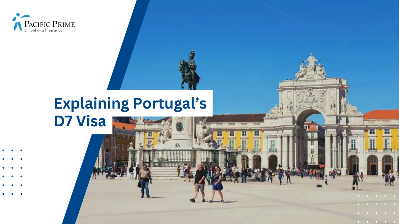 Image of People Strolling Through Praça Do Comércio In Lisbon, Portugal with text overlay of "Explaining Portugal’s D7 Visa"