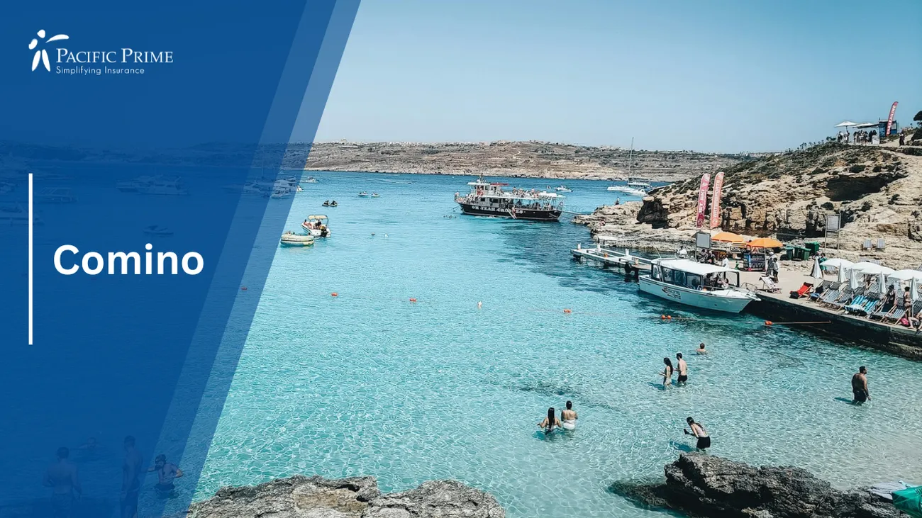 Image of People Swimming In Comino's Crystal-clear Mediterranean Waters with text overlay of "Comino"
