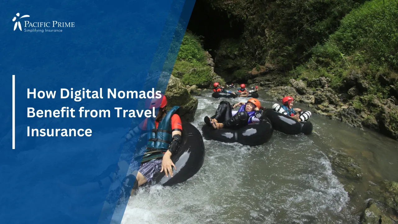 Image of People Tubing Down A Scenic River In Semanu, Indonesia with text overlay of "How Digital Nomads Benefit from Travel Insurance"
