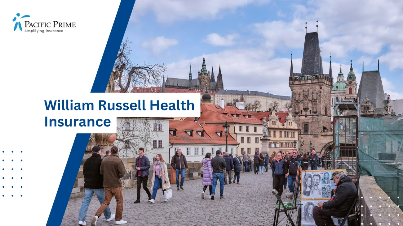 Image of People Walking Across A Bridge In Prague, Czech Republic with text overlay of "William Russell Health Insurance"