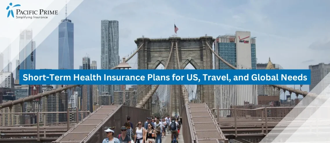 Image of People Walking Across Brooklyn Bridge In New York City with text overlay of "Short-Term Health Insurance Plans for US, Travel, and Global Needs"
