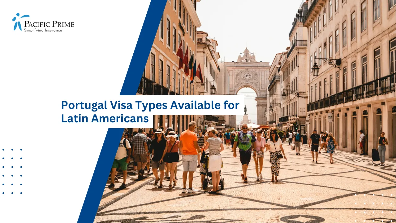 Image of People Walking Along A City Street Near Buildings In Lisbon, Portugal with text overlay of "Portugal Visa Types Available for Latin Americans"