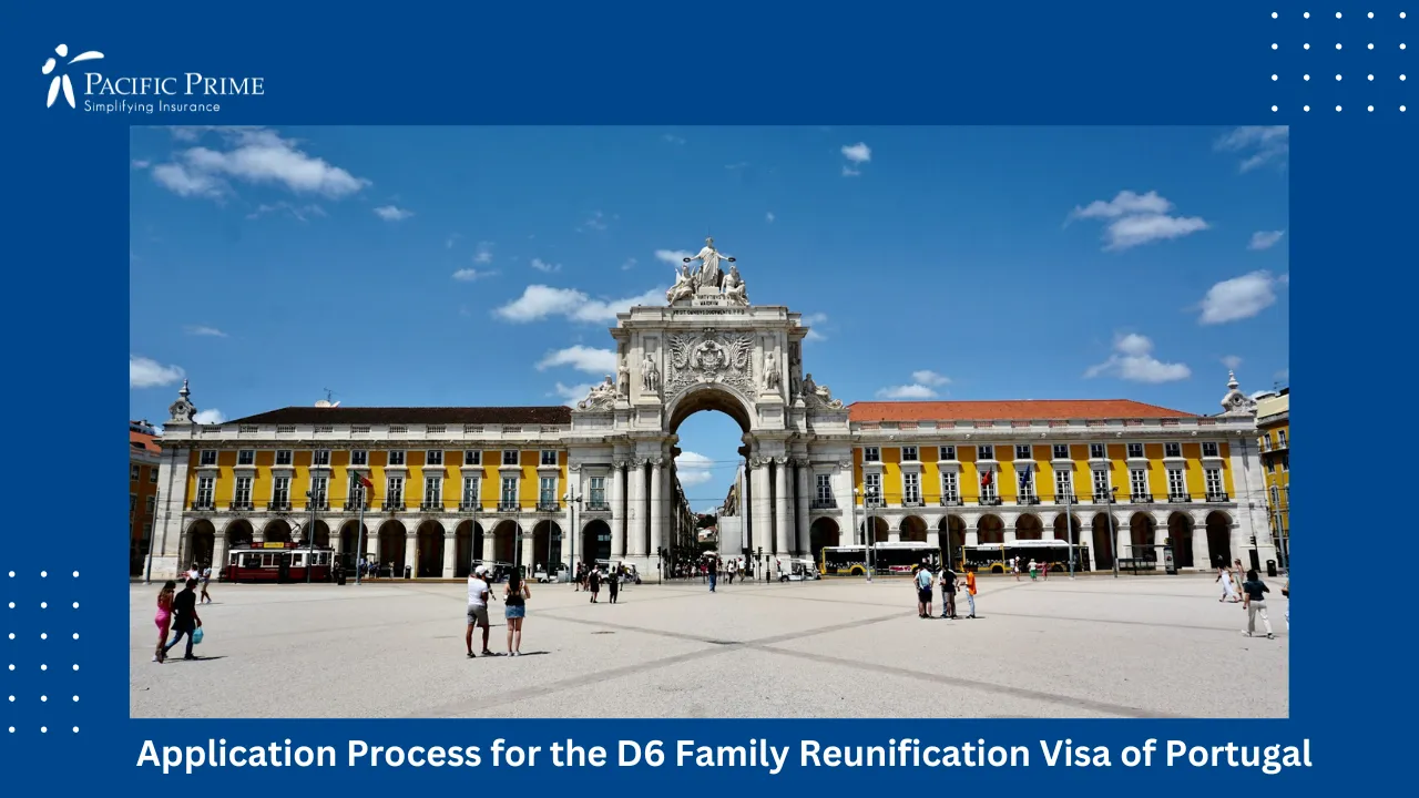 Image of People Walking Along A Street Beside A Beige Building In Lisbon On A Sunny Day with text overlay of "Application Process for the D6 Family Reunification Visa of Portugal"