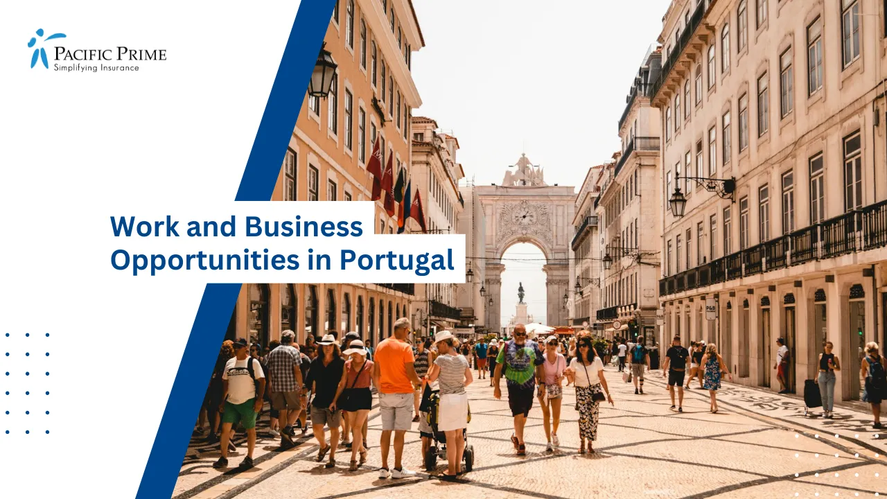 Image of People Walking Along A Sunny Street In Lisbon, Portugal with text overlay of "Work and Business Opportunities in Portugal"