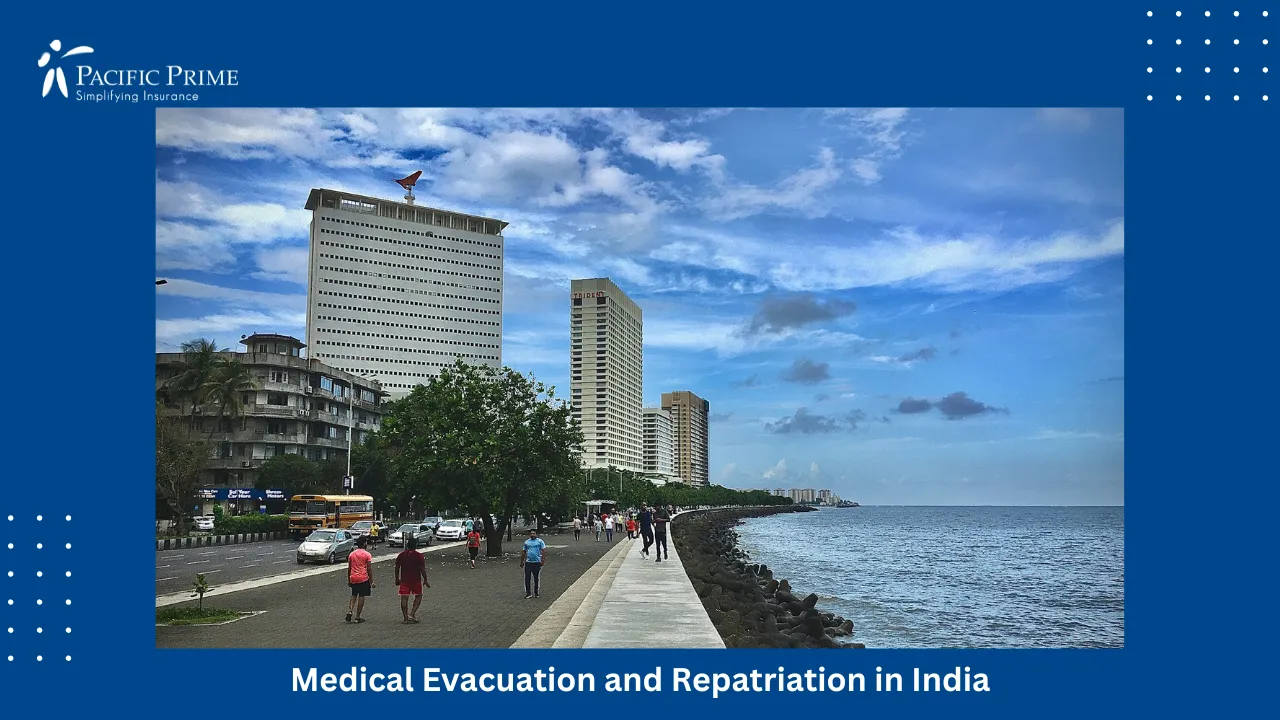 Image of People Walking Along Marine Drive Promenade On A Clear Morning In Mumbai with text overlay of "Medical Evacuation and Repatriation in India"