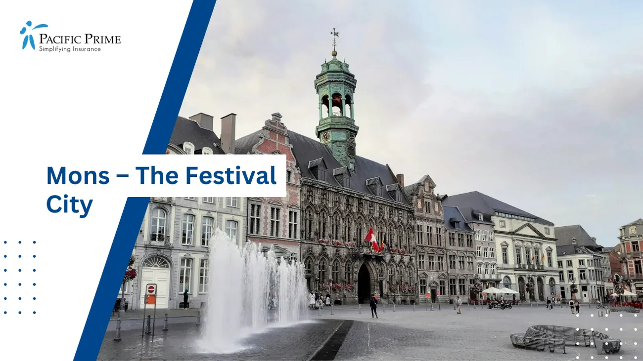 Image of People Walking By A White And Brown Building On A Mons Street with text overlay of "Mons – The Festival City"