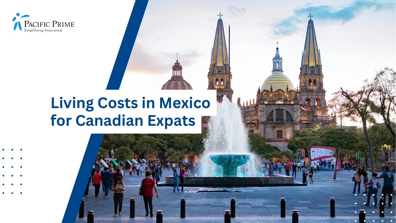 Image of People Walking By Fountain At Plaza De La Liberación In Guadalajara with text overlay of "Living Costs in Mexico for Canadian Expats"