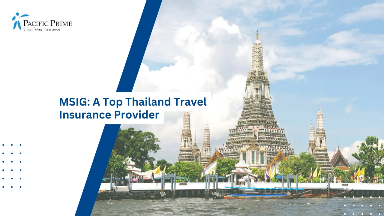 Image of People Walking By Historic Building In Phra Nakhon, Bangkok, Thailand with text overlay of "MSIG: A Top Thailand Travel Insurance Provider"