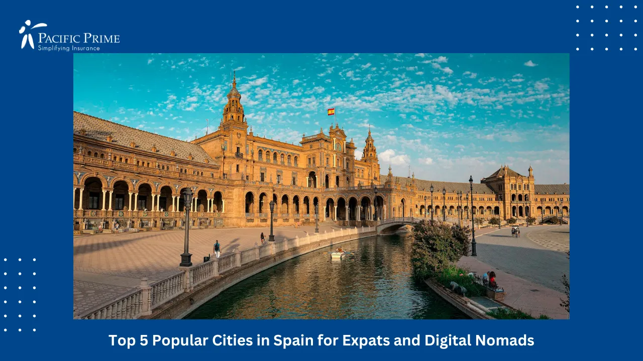 Image of People Walking By Historic Building In Sunny Sevilla with text overlay of "Top 5 Popular Cities in Spain for Expats and Digital Nomads"