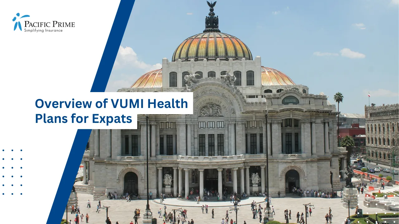 Image of People Walking By White Concrete Building Near Bellas Artes In Mexico City with text overlay of "Overview of VUMI Health Plans for Expats"