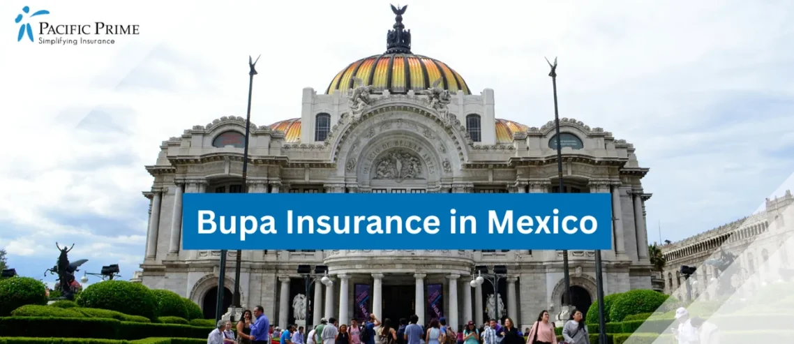 Image of People Walking Near A Dome Building In Mexico City, Mexico with text overlay of "Bupa Insurance in Mexico"