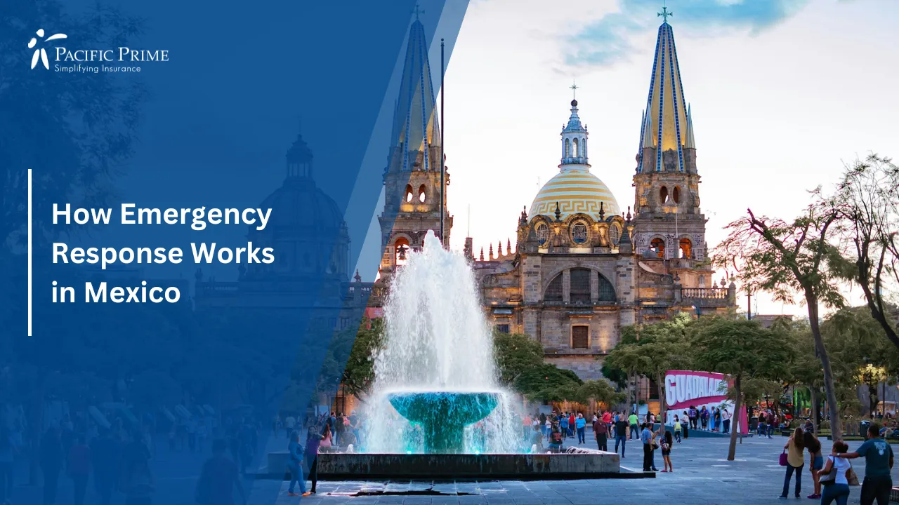 Image of People Walking Near A Fountain In Plaza De La Liberación, Guadalajara with text overlay of "How Emergency Response Works in Mexico"