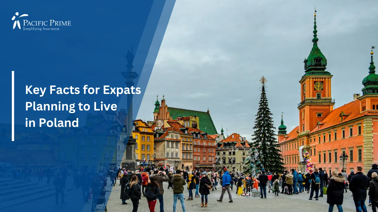 Image of People Walking Near Colorful Buildings On A Sunny Day In Warsaw, Poland with text overlay of "Key Facts for Expats Planning to Live in Poland"
