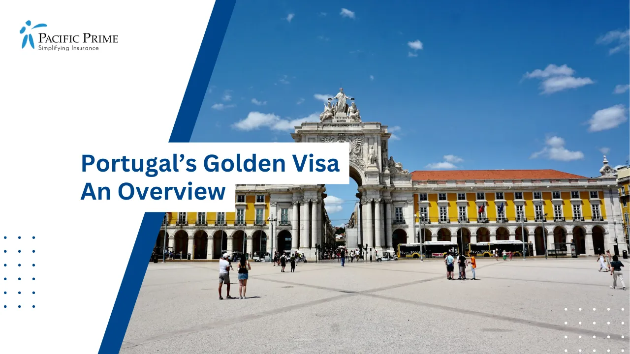 Image of People Walking Near Historic Beige Building Under Blue Sky In Lisbon with text overlay of "Portugal’s Golden Visa: An Overview"