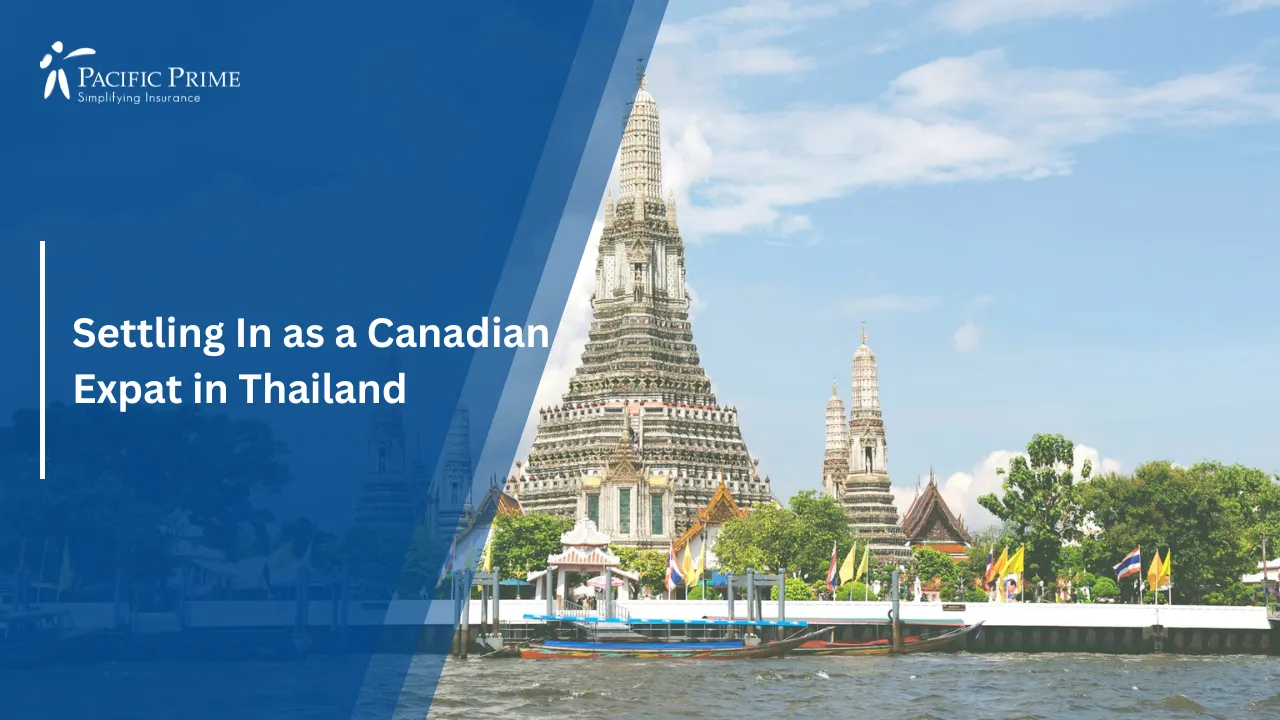 Image of People Walking Near Historic Brown Building In Phra Nakhon, Bangkok with text overlay of "Settling In as a Canadian Expat in Thailand"
