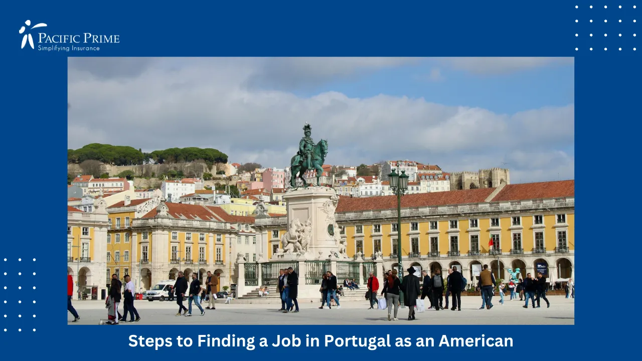 Image of People Walking Near Praça Do Comércio By The Tejo River In Lisbon with text overlay of "Steps to Finding a Job in Portugal as an American"