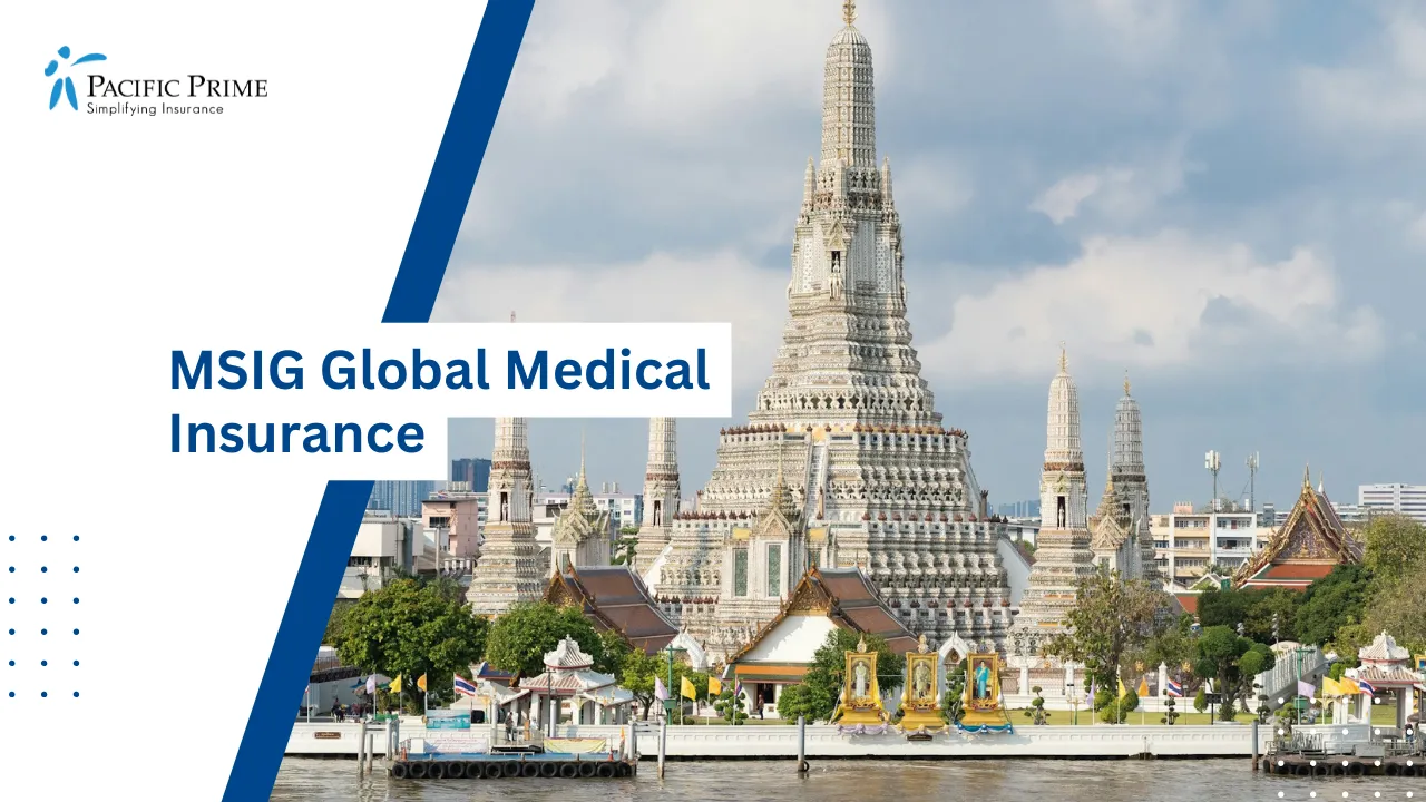 Image of People Walking Near Wat Arun Temple In Bangkok During Daytime with text overlay of "MSIG Global Medical Insurance"