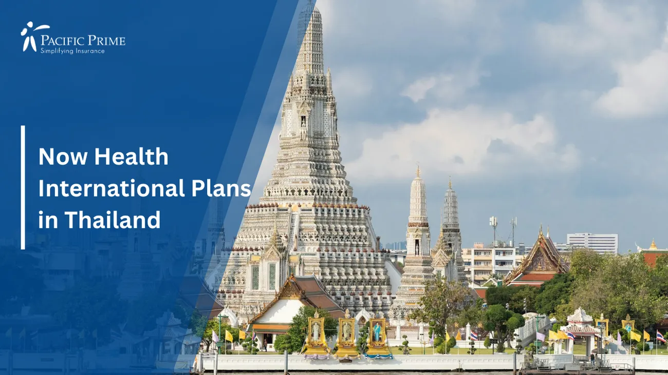 Image of People Walking Near Wat Arun Temple In Bangkok, Thailand During Daytime with text overlay of "Now Health International Plans in Thailand"